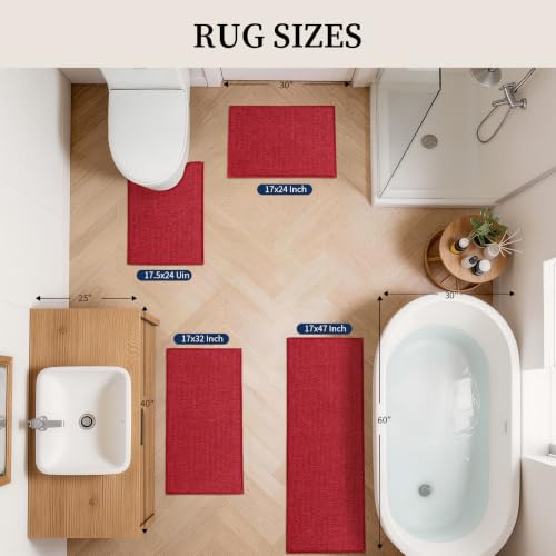 YIHOUSE Red Bathroom Rugs Sets 4 Piece, Quick Dry Thin Bath Mat with Toilet Rug, Non Slip Absorbent Machine Washable, Bath Runner Rugs for Bathtub Sink Home Decor - color: Red, size: 4 pieces