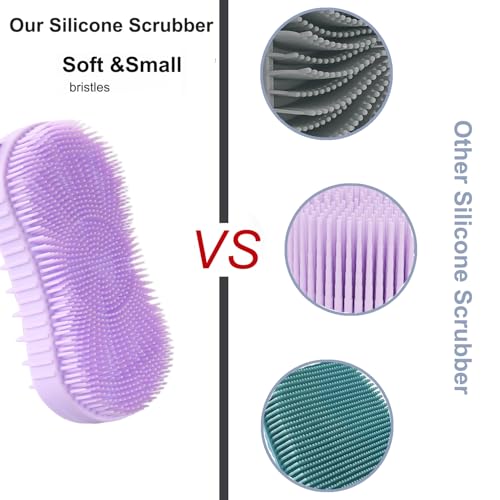 Silicone Body Scrubber, Double Sided Exfoliating Brush with Soft Flexible Bristles, Scalp Massage and Shampoo Tool with Hanger Loop (Lavender) - color: Lavender