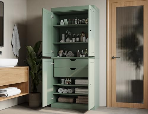 Palace Imports Solid Wood Tall Bathroom Pantry Cabinet with 4 Wooden Doors & Adjustable Shelves, Sage - 100% Eco-Friendly, Renewable, Space-Saving Storage, 71.5" H x 32" W, Made in Brazil - color: Sage