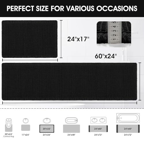 Upgraded Waffle Bath Mat Set 2 Piece Black, Super Absorbent Non-Slip Quick Dry Bathroom Rugs with Tassels, Machine Washable Ultra Soft Boho Bath Rugs for Floor, Toilet Mats Boho Farmhouse Decor - color: Black, size: 24"x17"+5'x2'
