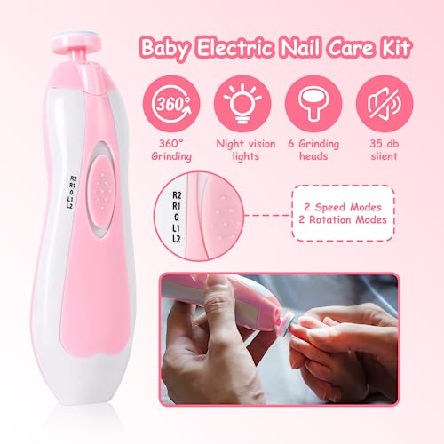 28 in 1 Baby Healthcare and Grooming Kit, Infant Baby Nursery Kit Electric Nail Trimmer Set with Gas Colic Passer Nasal Aspirator Nail Clipper Hair Brush Comb for Newborn Girls Boys (Pink) - style: 28 Kits-Pink