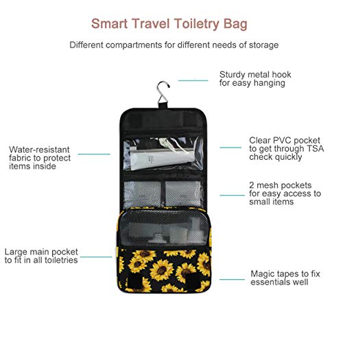 senya Hanging Travel Toiletry Bag Kit Makeup Case Cosmetics Organizer for Men Women - color: Black Sunflower