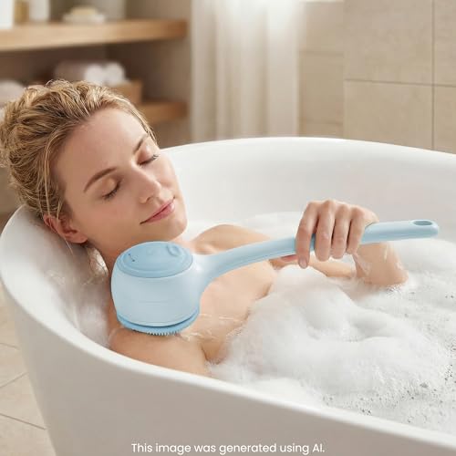 Electric Body Brush Back Scrubber for Shower，5 Replaceable Heads and Hook,Waterproof Long Dual Handle Power Body Scrubber 2 Speeds, for Cleansing Body, Exfoliating and Massaging Skin. - color: Sky Blue