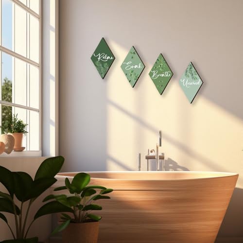 DONFENTHY 4 Pcs Sage Green Bathroom Decor Green Bathroom Accessories Relax Soak Unwind Breathe Wooden Sign Hanging Wall Art for Bedroom Living Room Office Decorations(12x7 Inches)