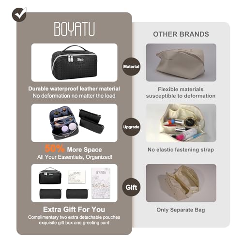 BOYATU Travel Makeup Bag Cosmetic Bags for Women: Large Capacity 3 Pcs Set Make up Bag with Compartments - Waterproof Vegan Leather Toiletry Organizer Bags with Handle (L15 Black) - color: L15 Black