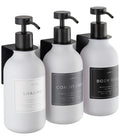 Shower Shampoo Dispenser Wall Mounted – 3 Refillable 16.9 oz White Bottles with Stainless Steel Pumps & No-Drill Adhesive Holders – Soap Dispenser Set for Bathroom (3 X White/Black) - color: 3 X White/Black
