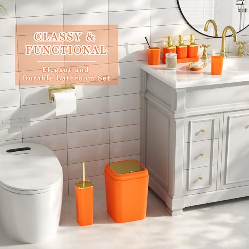 Bathroom Set - 11PC Bathroom Accessory Set, Bathroom Accessories Set, Orange Bathroom Set, Push-lid Trash Can, 3PC Soap Dispensers, Toilet Brush & Q-tip Holders - color: Orange & Gold, size: Bath Set