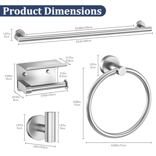 5 Pieces Bathroom Hardware Set Brushed Nickel Towel Bar Set Round Towel Holder Set Upgraded Paper Towel Holder with Shelf Stainless Steel Wall Mounted,23.6 Inch - color: Brushed