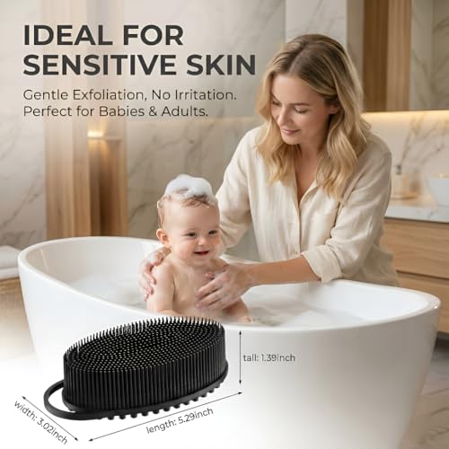 Silicone Body Scrubber, Exfoliating Loofah Alternative for Women Men, Soft Silicone Body Shower, 2 in 1 Bath and Shampoo Brush for Sensitive Skin, Back,Showering,Brush Exfoliator (Black) - size: Black