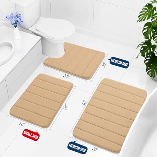 Buganda Memory Foam 3 Pieces Bathroom Rugs Set - Thick Soft Absorbent Bath Mats, Washable Small/Large/Contour Bath Rugs (24" x 16" + 30" x 20" + 24" x 20", Camel) - color: Camel, size: 24" X 16" + 30" X 20" + 24" X 20"