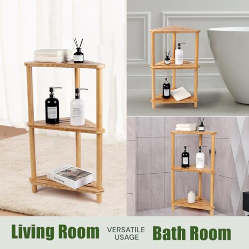 Bamboo Corner Shower Caddy Stand 3-Tier Waterproof,Free Standing Bathroom Corner Shelf Shower Stool Organizer for Inside Shower,Space-Saving Storage Shower Shelves with Anti-Slip Feet - style: GU-QZST003