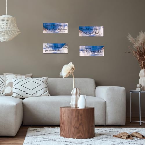 4 Pcs Blue Bathroom Decor Christian Wall Art Abstract Bible Verse Wall Decor Rustic Inspirational Wood Bathroom Accessories For Bedroom Kitchen Office(10 x 4 Inches, Blue) - color: Blue