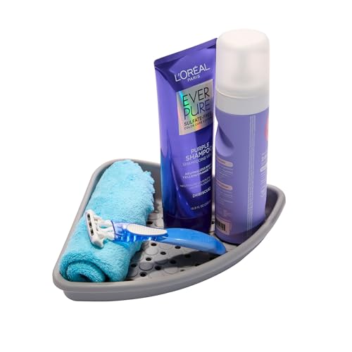 madesmart Bathtub Corner Shelf, Storage for Soaps, Shampoo Bottles & Bath Accessories, Strong Suction Cup, Drainage Holes, Grey - color: Corner Shelf