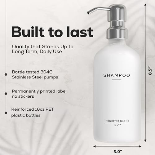 White Shampoo and Conditioner Dispenser Set by Brighter Barns - Shower Dispenser for Bathroom - Refillable Plastic Shampoo Bottle & Stainless Steel Pump - Shampoo Dispenser for Vacation Rental (White) - color: Silver