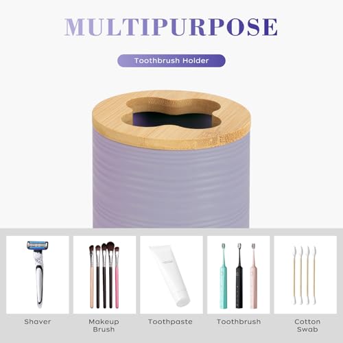 2 PCS Lavender Bathroom Accessories Set, Soap Dispenser and Toothbrush Holder Set, Plastics & Bamboo Bathroom Set, Bohemian Style Bathroom Sink Set - color: Lavender Purple, size: 2 PCS