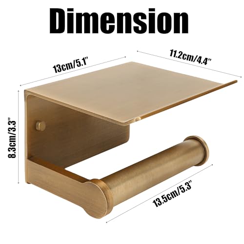 Toilet Paper Holders with Shelf Antique Bronze, Bathroom Wall Mount Tissue Dispenser with Cell Phone Storage Soap Organizer Vintage Farmhouse for Paper Roll with Max Length 4.8INCH (Brass Color)