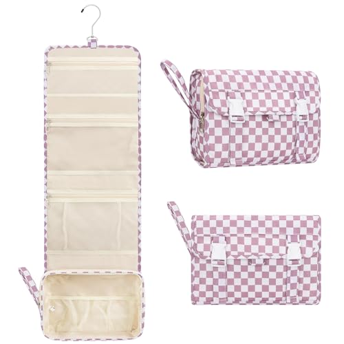 Relavel Hanging Toiletry Bag, Travel Toiletries Bag with Hanging Hook, Water Resistant Makeup Cosmetic Organizer for Full Sized Container, Shampoo, Portable Wash Bag for Essentials - Purple - color: 02 Checkboard Purple, size: Large