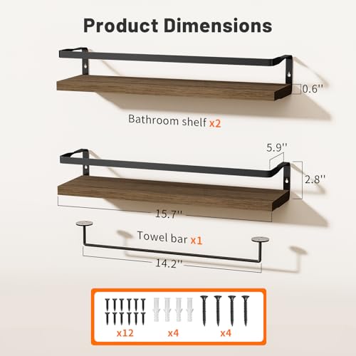 Bathroom Shelves with Towel Bar, Wood &Metal Frame, 2 Pack(Light Brown) | Floating Shelves for Bathroom, Kitchen, Living Room, Bedroom - color: Light Brown