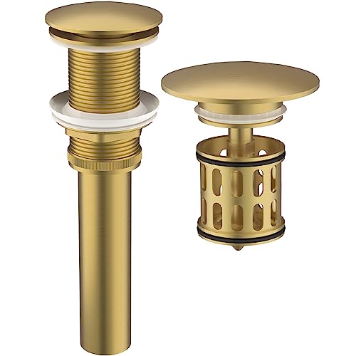 Bathroom Pop up Drain Without Overflow, Anti-Clogging Vessel Sink Drain Strainer, Pop Up Drain with Detachable Basket, Hair Catcher Bathroom Sink Drain Stopper(Brushed Gold, No Overflow) - color: Brushed Gold, size: No Overflow