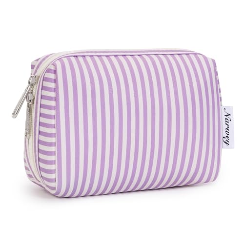 Narwey Small Striped Makeup Bag for Purse Mini Cosmetic Bag Travel Makeup Pouch Zipper Pouch Cute Make up Bags with Compartments for Women Girls (Purple Stripe, Small) - color: A-Purple Stripe, style: Small
