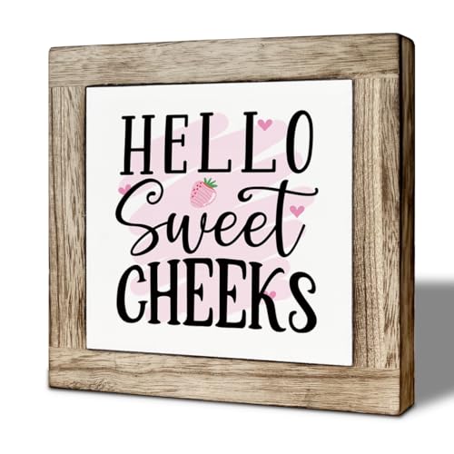 Rustic Farmhouse Bathroom Decor, Hello Sweet Cheeks Wooden Box Sign, Funny Decorative for Bathroom, Toilet Shelves Accessory, Square Wood Block Sign Table Decor 5.9×5.9 inch - color: color31