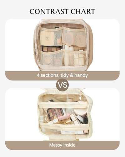 EACHY Toiletry Bag with Hanging Hook, Travel Makeup Bag PU Leather Cosmetic Bags for Women Make Up Organizer with 4 Compartments Waterproof Full-Size Portable Travel Essentials (Trench，Pro) - color: B-Pro-Trench