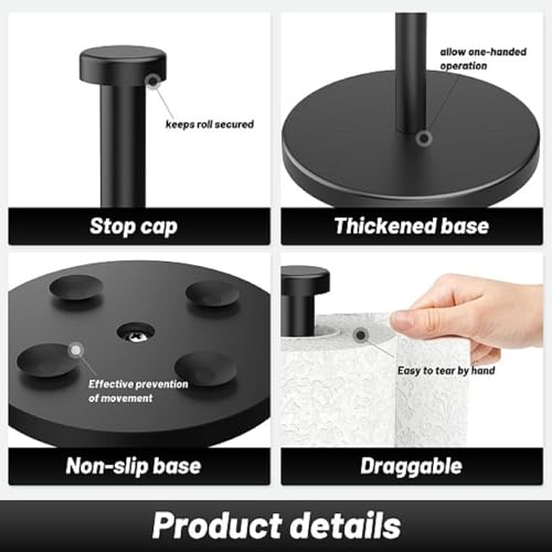 VEHHE Black Paper Towel Holder Countertop, Stainless Steel Paper Towel Holder Stand with Weighted Base Suction Cups for Kitchen Bathroom - color: Suction Base | Black