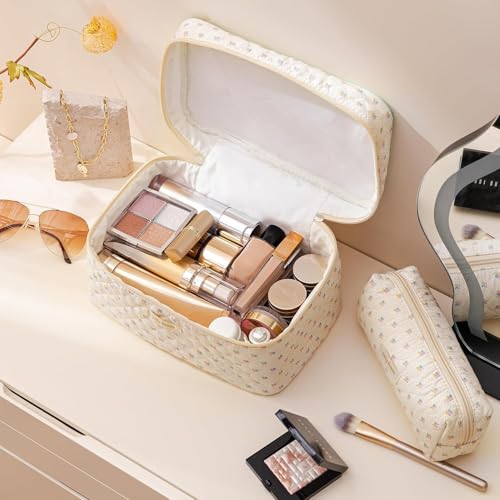 HBselect Quilted Makeup Bag, 3PCS Cotton Large Travel Makeup Bag, Cute Floral Coquette Make up Bag Cosmetic Bag Toiletry Bag for Women Girls - color: A-3PCS-Flower