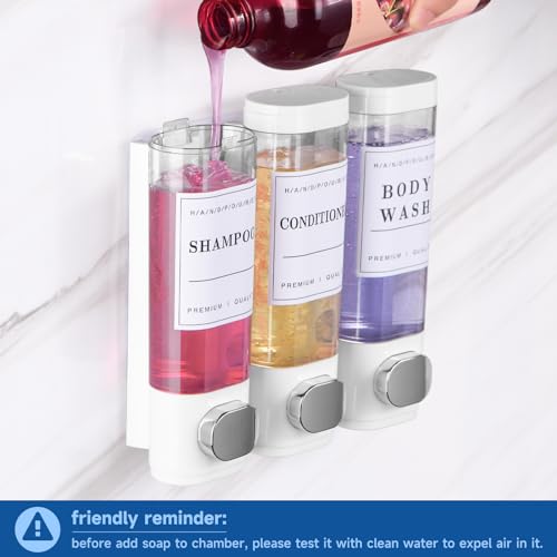 Shower Soap Dispenser Wall Mounted No Drill Shampoo Dispenser for Shower Wall Shampoo and Conditioner Dispenser Bathroom Hotel 3 * 300ml White with 3 Labels - color: White 3