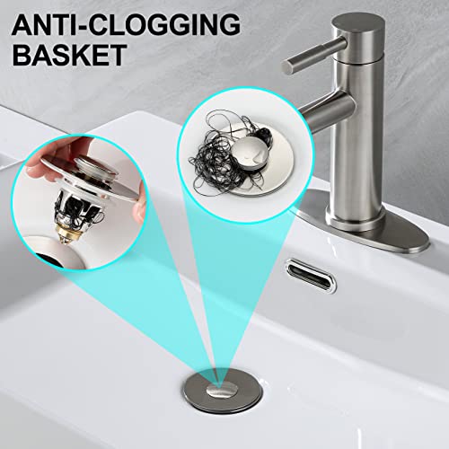 Universal Bathroom Sink Stopper - Bounce Wash Basin Drain Filter, Brushed Nickel Pop Up Drain Stopper, Bullet Core Push Type Sink Stopper, Sink Drain Plug with Anti-Clogging Strainer, for 1.1-1.5 inch - color: Brushed Nickel, style: Small Cover
