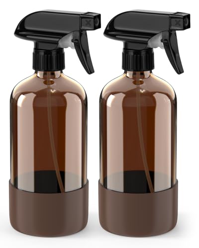 Bontip Glass Spray Bottle with Silicone Sleeve Protection, Amber Glass Spray Bottle Set for Window Cleaner Aromatherapy Facial Hydration Watering Flowers Hair Care 2 Pack/16 oz (Brown, 16 oz) - color: Brown, size: 16 Ounces