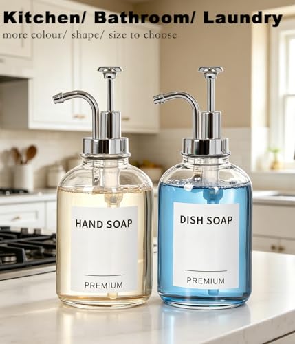 12oz Dish Soap Dispenser for Kitchen, Hand Glass Soap Dispenser Set with Pump, Tray, Funnel for Bathroom, Shower, Laundry, Liquid, Lotion (Silver 2 Pack Clear Bottles with 12 Stickers) - color: Silver, size: 12Oz