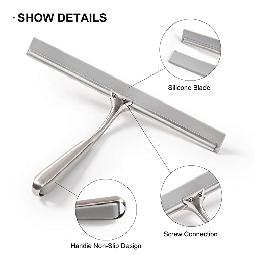 Shower Squeegee for Shower Doors 10 Inch Bathroom Squeegee for Windows,Kitchen,Mirror and Car Glass, Stainless Steel with Adhesive Hook - color: Brushed Nickel