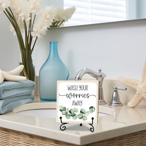 5" Funny Wooden Sign, Wash Your Worries Away Sign, Funny Bathroom Laundry Room Desk Decor, Restroom Guest Bathroom Decoration, Funny Toilet Washroom Plaque Sign Decor 5X5 Inches（White）-A05 - color: off white