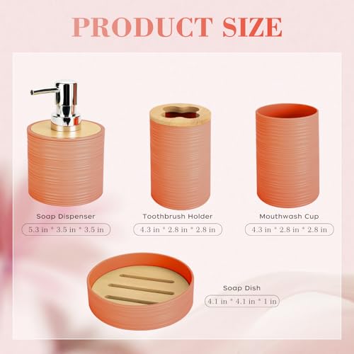 4 PCS Orange Bathroom Accessories Set, Includes a Soap Dispenser, Toothbrush Holder, Soap Dish and Mouthwash Cup, Plastics & Bamboo Bathroom Set, Bohemian Style Bathroom Sink Set - color: Orange, size: 4 PCS