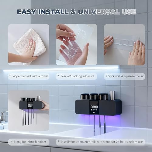 Toothbrush Cleaner Holder, Recharging Wall Mounted Tooth Brushing Holder with Cleaner & Drying, 3-Cup - Family Home Bathroom Organizer, No-Drill Installation (Black) - color: Black