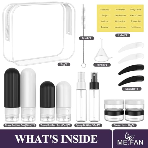 ME.FAN Travel Bottles for Toiletries,18 Pack Silicone Portable Size Bottle, TSA Approved Refillable Cosmetic Container Kits for Conditioner, Shampoo, Lotion,Face Cream - Black/White - color: Black/White