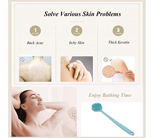 Long Handle Silicone Body Scrubber for Shower, Dual-Sided Back Scrubber Brush with Soft Bristles&Massage Nodes, Exfoliating Bath Brush for Hard to Reach Areas, Easy to Clean & Quick Dry, for Daily Use - color: Blue