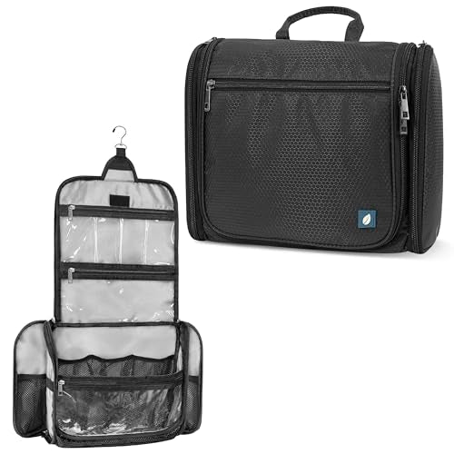 PAVILIA Large Hanging Toiletry Bag for Women Men, Travel Cosmetic Organizer with 10 Compartments, Swivel Hook and 3 Leakproof Pockets, Water Resistant Makeup Case, Packs Flat, Black - color: Black