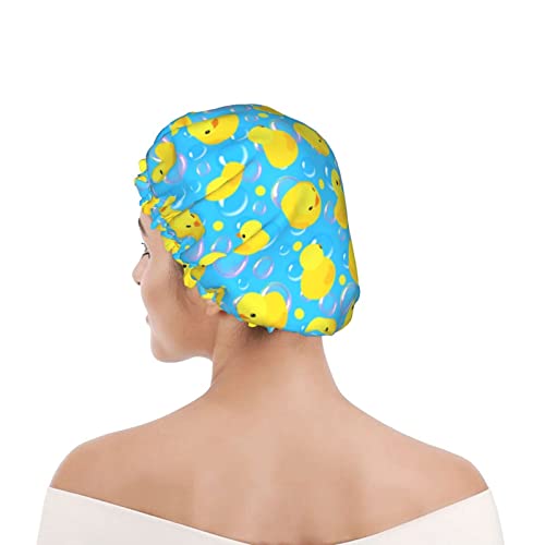 Yellow Rubber Ducks Shower Cap For Women Adjustable Double Waterproof Layers Bathing Shower Hat Hair Protection Reusable Ladies Spa Salon Shower Hat - color: Yellow Rubber Ducks