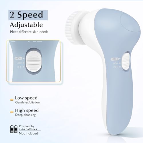 COSLUS Facial Cleansing Brush Silicone Face Scrubber: 2 in1 FBS-D Electric Exfoliating Massage Device Waterproof Deep Cleaning Exfoliation Rotating Spa Machine - Electronic Skin Care Wash Clean System - color: Blue, size: With 2 brush heads