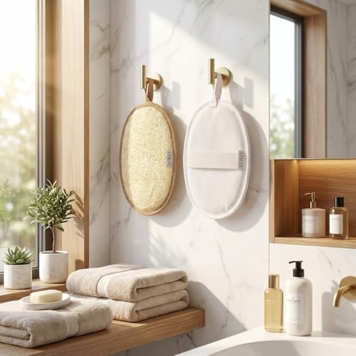 Premium Egyptian Loofah 2-Pack-Dual-Color Set for Couples & Partners (White & Brown)-Natural Exfoliating Body Scrubber for Shower, Large Size 7.1"x5.1" with Reinforced Edging - color: White & Brown