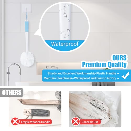 VANZAVANZU Loofah Sponge Set Back Scrubber for Shower, Anti-Slip Plastic 17" Handle Loofah on a Stick with Fluffy Shower Sponge, PE Soft Mesh Shower Loofahs-White with Blue Grip