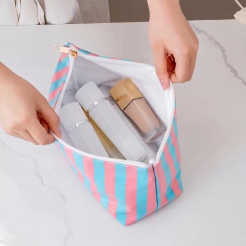RSRSLEII Large Waterproof Travel Stripe Makeup Bag,Aesthetic PVC Toiletry Bag,Coquette Cosmetic Bag Organizer,Cute Preppy Carry-on Travel Accessories Essentials for Women Girls(02Pink Blue) - color: 02Pink Blue