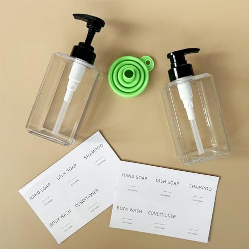 Clear Soap Dispenser with Waterproof Labels, Thickened Plastic Hand Soap Dispenser for Bathroom, Kitchen Dish Washing Liquid Bottles, Shampoo and Conditioner Bottles with Funnel (15oz 2Pack Clear) - color: 15oz 2pack Clear