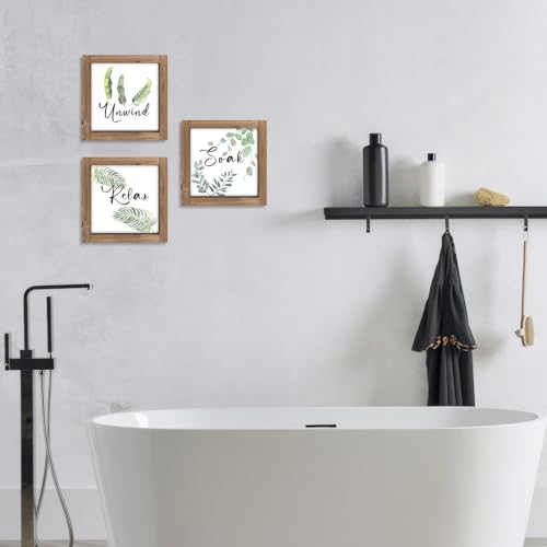 pechpell 3 Piece Relax Soak Unwind Wall Art Bathroom Signs, Wooden Sage Green Spa Bathroom Decor, Botanical Leaves Plant Pictures Indoor Restroom Shelf Table Bedroom Rustic Farmhouse Home Decorations - color: sage green