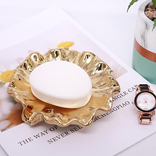 Soap Dish with Drain Ceramic Gold Lotus Leaf Soap Holder Soap Saver for Bar Soap, Kitchen Sink, and Bathroom Shower - color: Gold