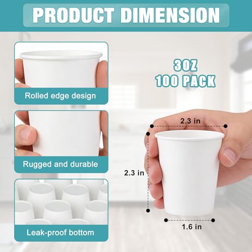100 Pack 3 oz Paper Cups - Disposable Bathroom Cups for Mouthwash, Rinsing, & Dental Care | Also Ideal as Small Coffee Cups, Espresso Cups | Sturdy Paper Construction, Leak Resistant - size: 100pack