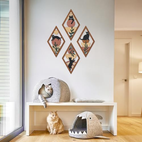 TOARTi 4Pcs Minimalist Boho Black Cat Wall Art Set Geometric Wooden Cat Wall Decor Bohemian Black Cats Hanging Sign Abstract Boho Cats Wood Sign for Bedroom Living Room Farmhouse Aesthetic Geometric Artwork - color: Boho Black Cat Wall Art