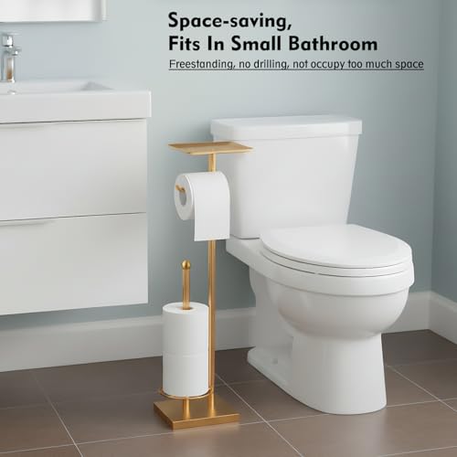 Gold Toilet Paper Holder with Shelf, Free Standing Toilet Paper Stand with Storage for Holding Extra 3 Rolls, Tissue Holder for Bathroom (Gold with Metal Base) - color: Gold With Metal Base